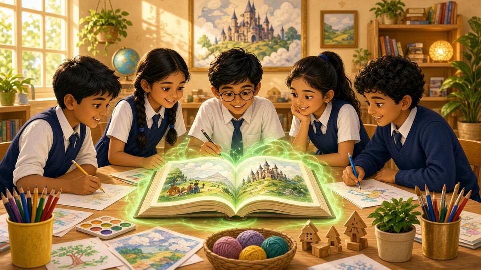 School students creating stories together